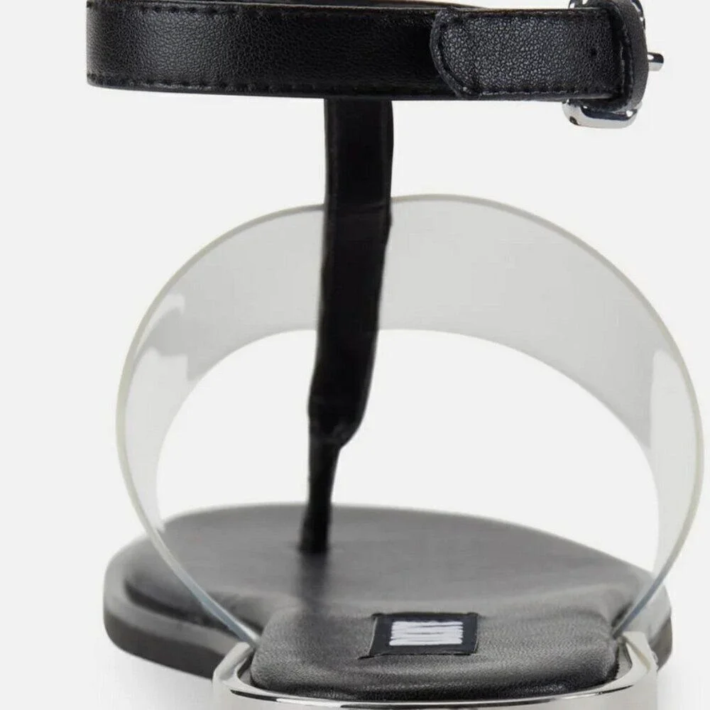 DKNY Ava Ankle T-Strap Thong Sandals Women's 6 Black Clear Minimalist Modern‎